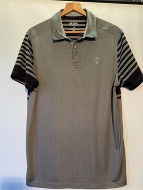 Men's Grey Short-Sleeve Polo with Striped Accent Sleeves